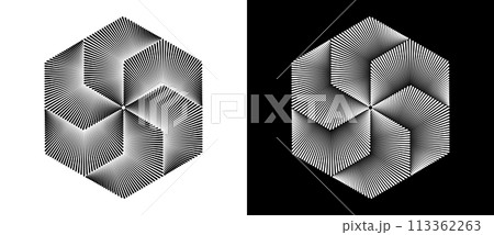 Hexagon shape with linear dynamic elements. Abstract geometric art line background, logo or tattoo. Black shape on a white background and the same white shape on the black side. 113362263