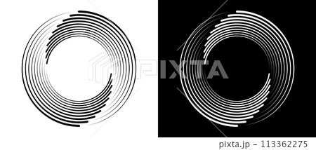 Lines in spiral abstract background. Dynamic transition illusion. Black shape on a white background and the same white shape on the black side. 113362275