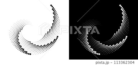 Halftone dots in spiral. Modern abstract background. Design element or icon, logo. Black shape on a white background and the same white shape on the black side. 113362304