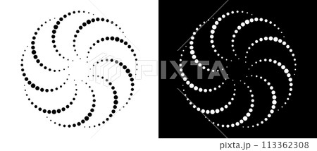 Modern abstract background. Halftone dots like flower. Can be used as logo, icon or design element. Black dots on a white background and white dots on the black side. 113362308
