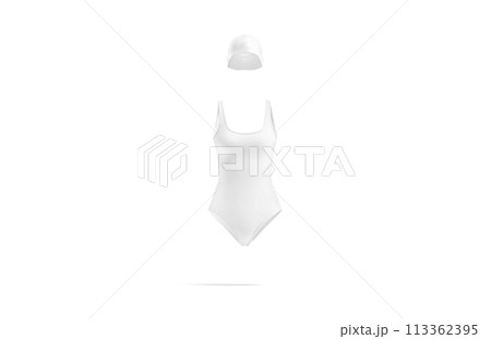 Blank white one-piece swimsuit with swim cap mockuo, front view 113362395