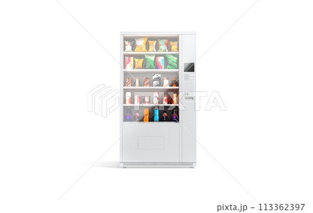 Blank white vending machine with snacks and drinks mockup, isolated Blank white vending machine with snacks and drinks mockup, isolated 113362397