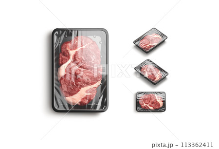 Blank transparent plastic tray with beef mockup, different sides 113362411