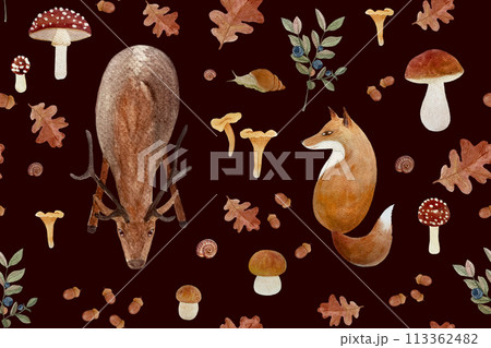 Autumn forest wild plants and animals watercolor seamless pattern on dark background Autumn forest wild plants and animals watercolor seamless pattern on dark background 113362482