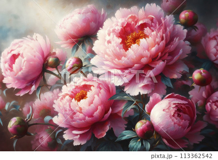 Bouquet of pink peonies painted with oil paints. Bouquet of spring flowers, floral background 113362542