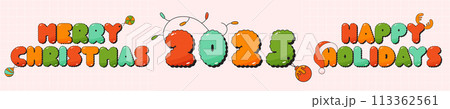 Christmas groovy cards 2025. Merry Christmas, happy holidays text. 113362561