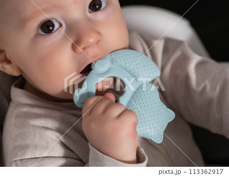 One year old caucasian boy with silicone cooling massager during teething. Itching of gums, massage and salivation during teething in children, stomatological 113362917