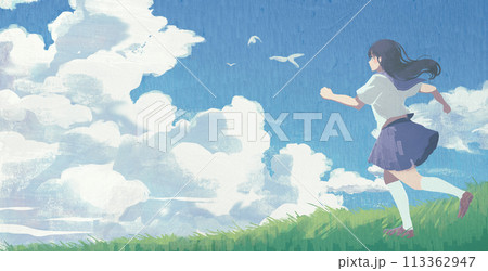 夏。入道雲と草原、夢に向かって走る女子高生のイラスト 113362947
