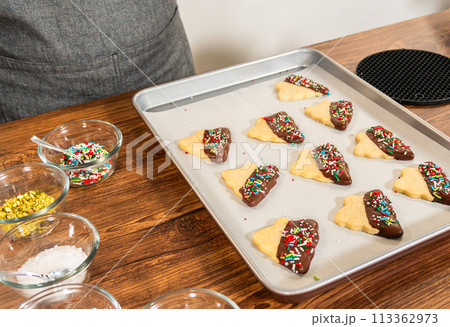 Buttery cookies half-dipped in chocolate, sprinkled with festive red, green, and white decorations, laid on white parchment to set. Buttery cookies half-dipped in chocolate, sprinkled with festive red, green, and white decorations, laid on white parchment to set. 113362973