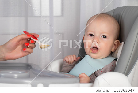 A mother feeds porridge from a spoon to a little boy who is 8 months old. Feeding infants. Copy space for text A mother feeds porridge from a spoon to a little boy who is 8 months old. Feeding infants. Copy space for text 113363047