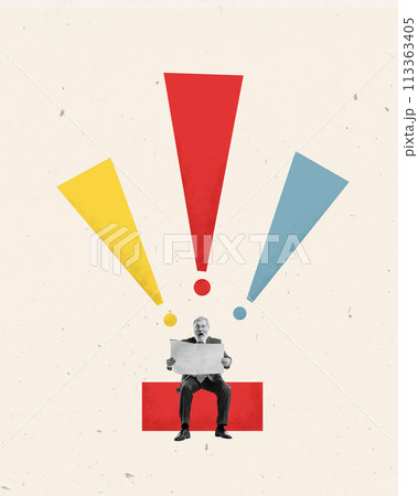 Contemporary art collage. Experienced businessman, surprised, sits and reads newspaper by three big exclamation marks. Search for workers. Contemporary art collage. Experienced businessman, surprised, sits and reads newspaper by three big exclamation marks. Search for workers. 113363405