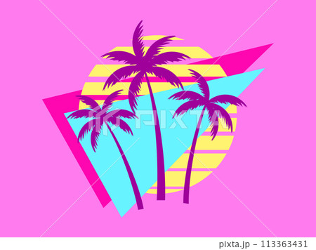 Retro futuristic sunset with palm trees and triangle in 80s style. Sci-fi palm trees at sunset in synthwave and retrowave style. Design for print, banners and posters. Vector illustration Retro futuristic sunset with palm trees and triangle in 80s style. Sci-fi palm trees at sunset in synthwave and retrowave style. Design for print, banners and posters. Vector illustration 113363431
