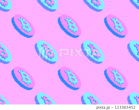 Seamless pattern with gold coins and Bitcoin symbol in pixel art style. 3D coins in the style of 8-bit graphics of classic retro games. Design wallpapers, banners and posters. Vector illustration 113363452