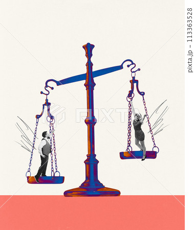 Contemporary art collage. Motivated, busy young man and overjoyed woman in headphones stands on scales. 113363528