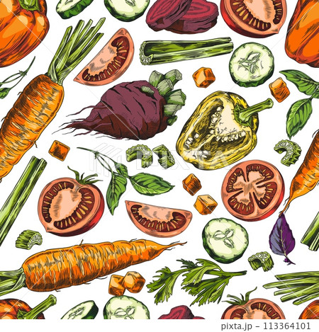Colorful vegetable sketches vector pattern 113364101