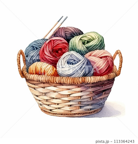 Watercolor drawing. A basket with balls of...のイラスト素材 [113364243] - PIXTA