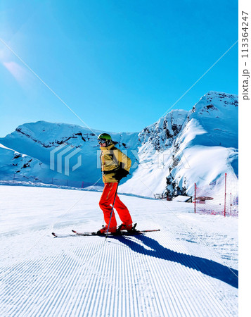 Skier Posing on Pristine Mountain Slopes 113364247