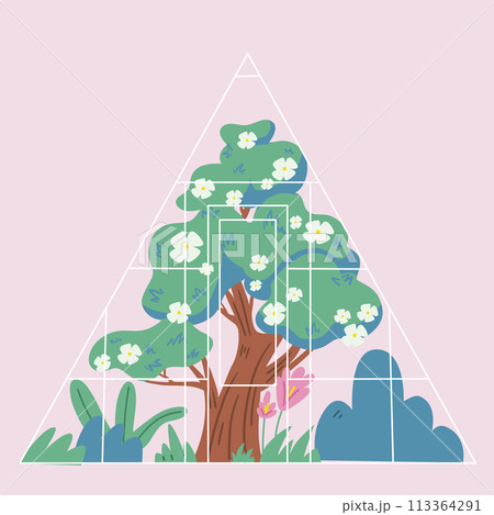 Illustration of blossom tree in garden. Gardening greenhouse in cartoon style. 113364291