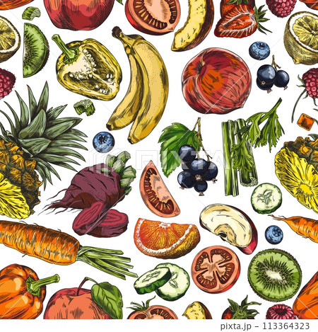 Assorted fruits and vegetables sketch vector se 113364323