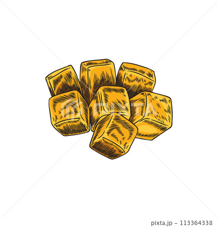 Fresh chopped mango in cubes hand drawn vector, tropical exotic tasty fruit, sweet mango pieces sketch, natural food 113364338