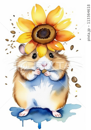 A charming hamster with a sunflower on its head, gnawing seeds, painted in watercolor 113364618