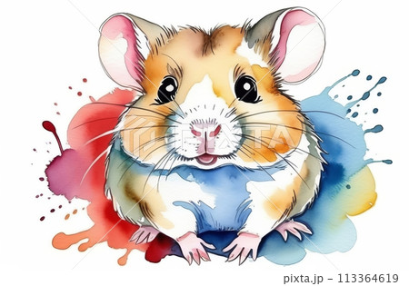 Colorful watercolor painting of a cute happy golden hamster, close up 113364619