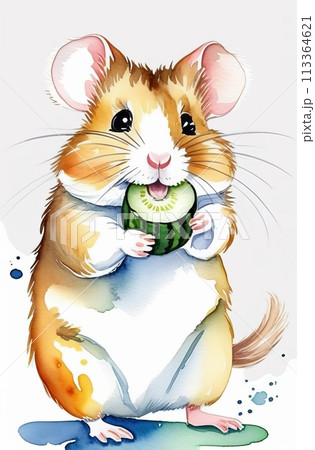 A happy hamster bites a slice of cucumber, an illustration in watercolor style 113364621