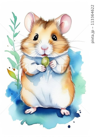 A charming hamster with a pumpkin seed in his hands, made in watercolor A charming hamster with a pumpkin seed in his hands, made in watercolor 113364622