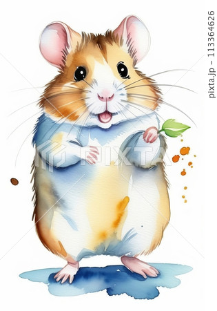 Watercolor cute happy hamster with a sprout, watercolor illustration Watercolor cute happy hamster with a sprout, watercolor illustration 113364626