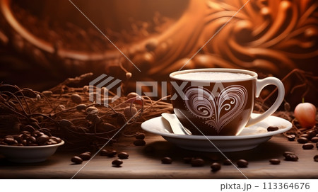 cup of coffee on the wooden background 113364676