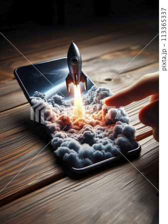 Illustration of launching a rocket into space from a mobile phone. The concept of starting and launching business projects 113365337