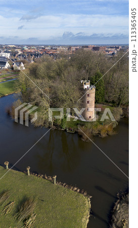 Schonauwen Castle, locally known as Kasteel Schonauwen in the province of Utrecht in the Netherlands. Beautiful view from above. Beautiful Dutch canals are filled with water. 113365405