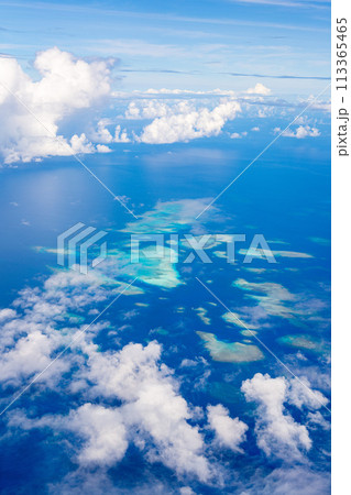 機内　リゾート　夏休み　旅行　飛行機　海　ウィング　インバウンド　窓際　雲　島　ビーチ　サンゴ 113365465