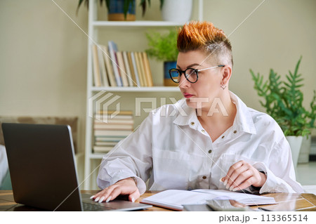 Middle aged woman working with computer papers, remote workplace in home office Middle aged woman working with computer papers, remote workplace in home office 113365514