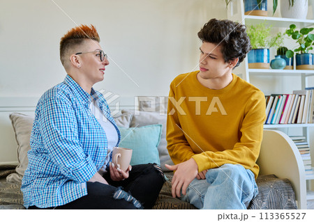 Happy middle-aged mother and son 19-20 years old, talking sitting together at home 113365527