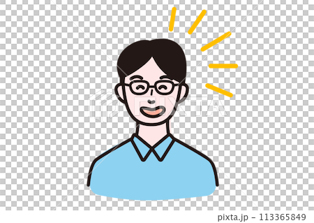 一個戴著眼鏡的微笑年輕人的上半身 113365849