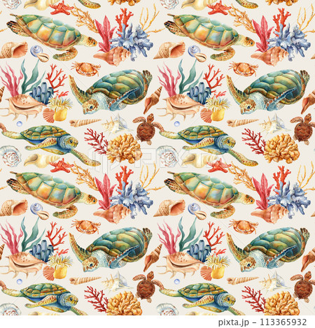 Reef, Cute seamless pattern turtles, shell, coral. Marine background. Watercolor illustration design wrapping, textile Reef, Cute seamless pattern turtles, shell, coral. Marine background. Watercolor illustration design wrapping, textile 113365932