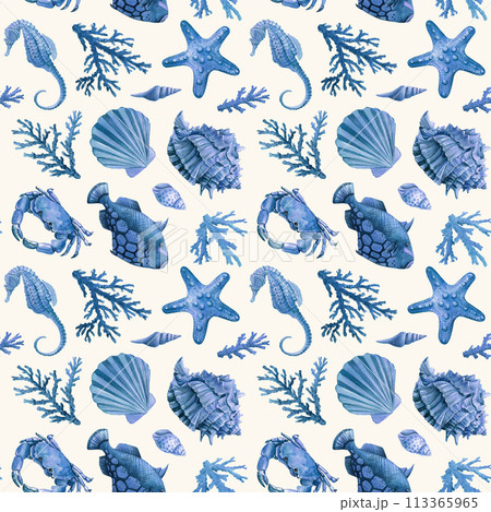 Blue seashell, crab, coral and fish. Marine illustration Seamless Pattern watercolor Design, wallpaper underwater, sea 113365965