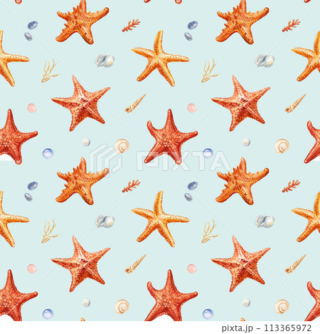 Watercolor seashell seamless pattern. Underwater creatures, crab, starfish, sea shell, coral, nautical Design wallpaper 113365972