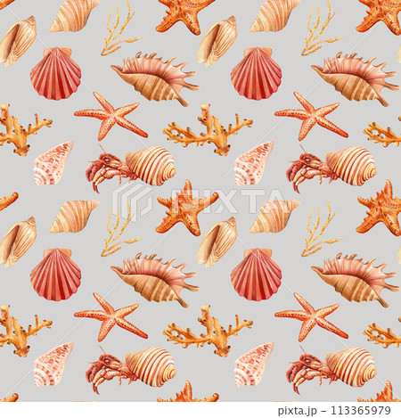 Watercolor Seamless pattern with seashell, coral, crab, starfish nautical wallpaper, sea background design Hand drawn  113365979