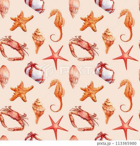 Watercolor sea summer seamless pattern. Underwater creatures, crab, starfish, sea shell, coral, Marine background design Watercolor sea summer seamless pattern. Underwater creatures, crab, starfish, sea shell, coral, Marine background design 113365980