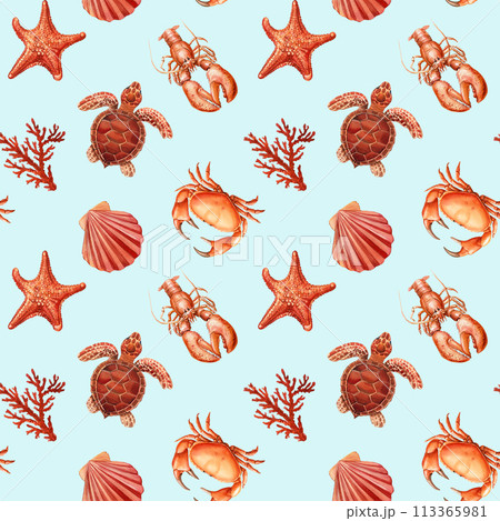 Watercolor seashell seamless pattern. Underwater creatures, crab, starfish, sea shell, coral, turtle, nautical wallpaper Watercolor seashell seamless pattern. Underwater creatures, crab, starfish, sea shell, coral, turtle, nautical wallpaper 113365981