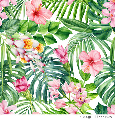Tropical palm leaves and flowers Seamless pattern. Floral background watercolor hand drawing, Jungle patterns, wallpaper Tropical palm leaves and flowers Seamless pattern. Floral background watercolor hand drawing, Jungle patterns, wallpaper 113365989