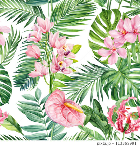 Tropical palm leaves and flowers Seamless pattern. Floral background watercolor hand drawing, Jungle patterns, wallpaper Tropical palm leaves and flowers Seamless pattern. Floral background watercolor hand drawing, Jungle patterns, wallpaper 113365991