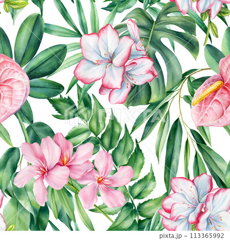 Tropical palm leaves and flowers Seamless pattern. Floral background watercolor hand drawing, Jungle patterns, wallpaper 113365992