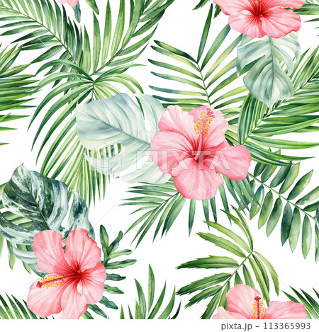 Tropical palm leaves and flowers Seamless pattern. Floral background watercolor hand drawing, Jungle patterns, wallpaper 113365993