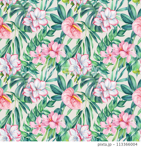 Tropical palm leaves and flowers Seamless pattern. Floral background watercolor hand drawing, Jungle patterns, wallpaper 113366004