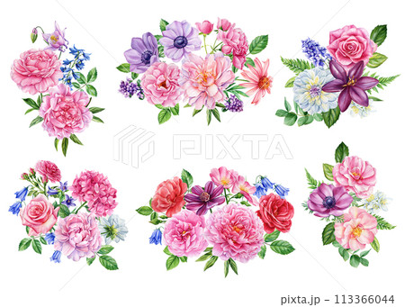 Set of floral anemones, roses, peony, lily isolated white background. Watercolor hand drawn botanical illustration flora Set of floral anemones, roses, peony, lily isolated white background. Watercolor hand drawn botanical illustration flora 113366044