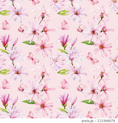 Spring magnolia blooming flowers. Seamless pattern pink butterfly, blossom, branches. Design spring floral background 113366079