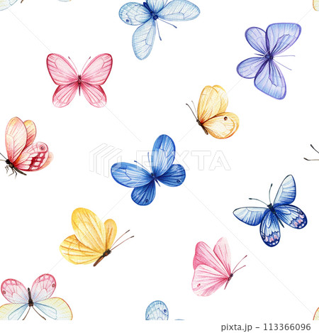 Watercolor colorful butterflies. Seamless pattern Spring illustration of blue, yellow, pink butterfly. Design background 113366096